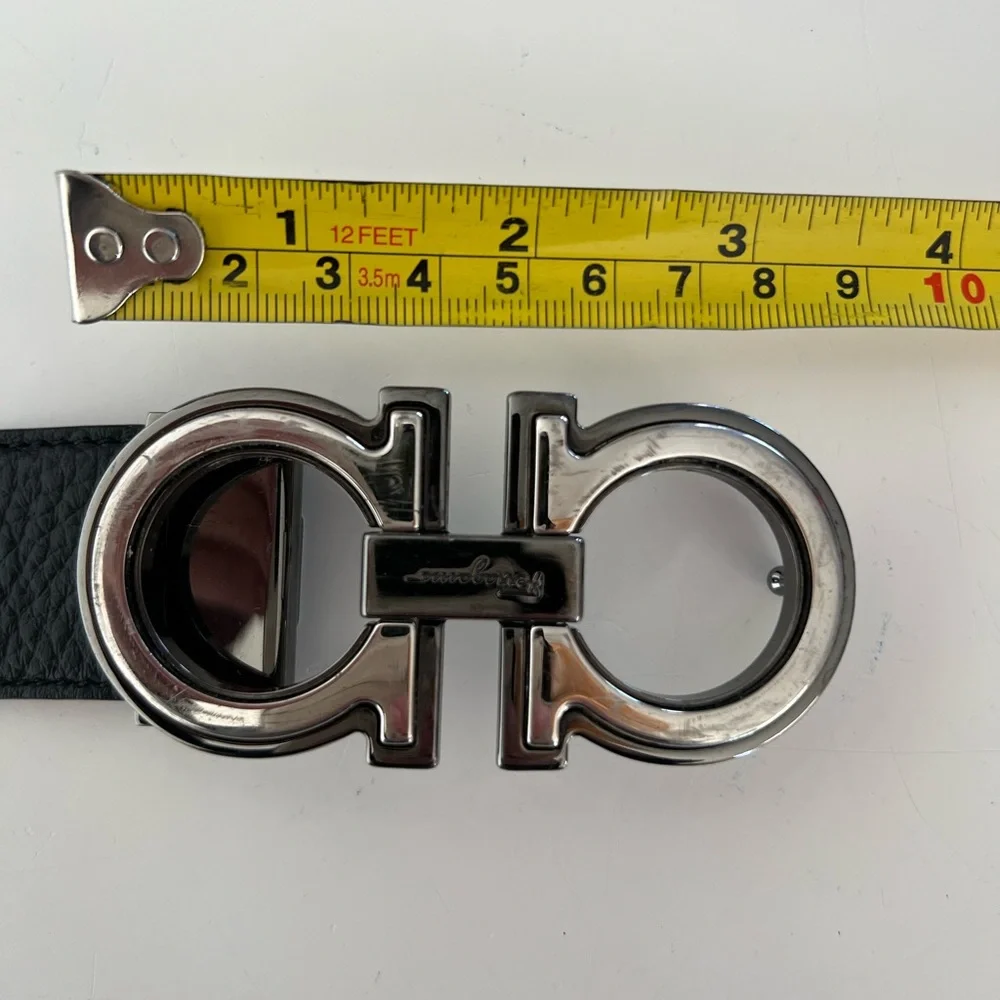 Ferragamo Italian Textured Dark Brown Leather Belt Two-Tone Metal Gancini Buckle